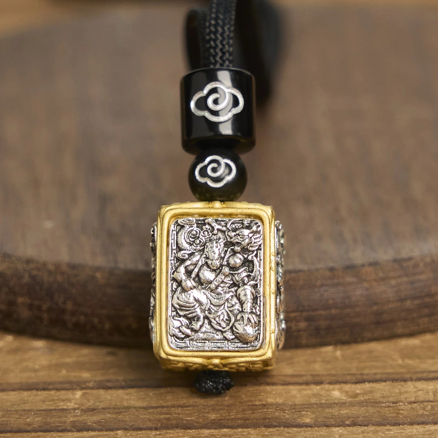 Buddha Stones Tibetan Zakiram Goddess Of Wealth Protection Rope Square Necklace Pendant