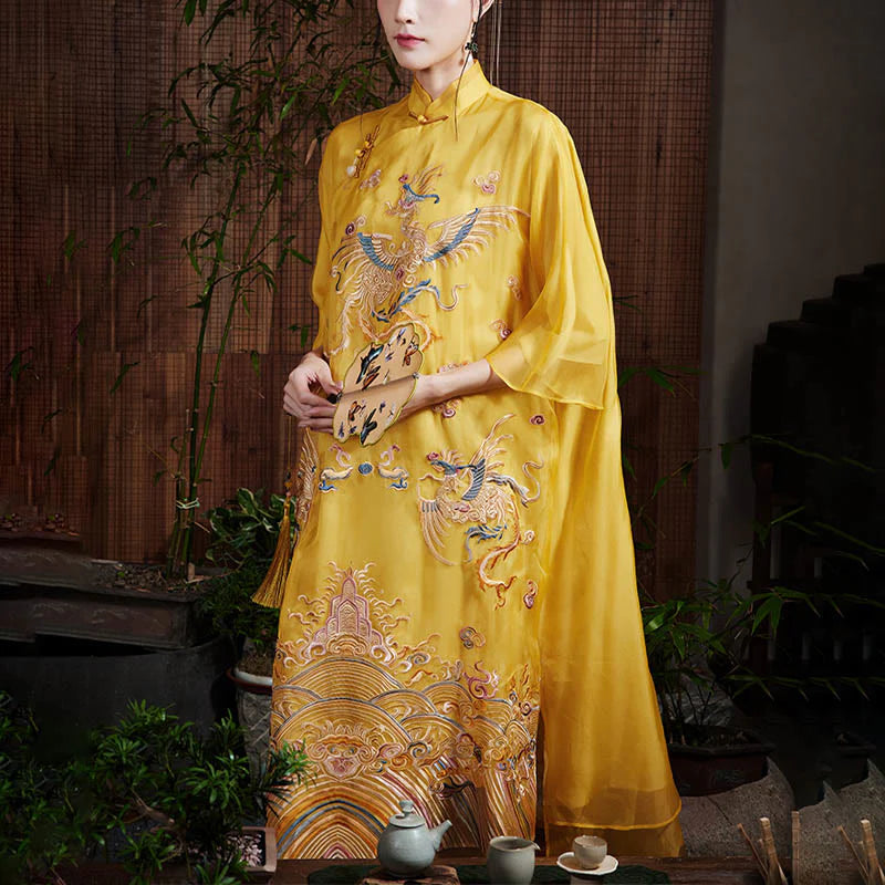 Buddha Stones 100% Mulberry Silk Organza Dress Embroidered Yellow Phoenix Qipao Cheongsam Dress  (Extra 30% Off | USE CODE: FS30)