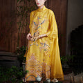 Buddha Stones 100% Mulberry Silk Organza Dress Embroidered Yellow Phoenix Qipao Cheongsam Dress  (Extra 30% Off | USE CODE: FS30)
