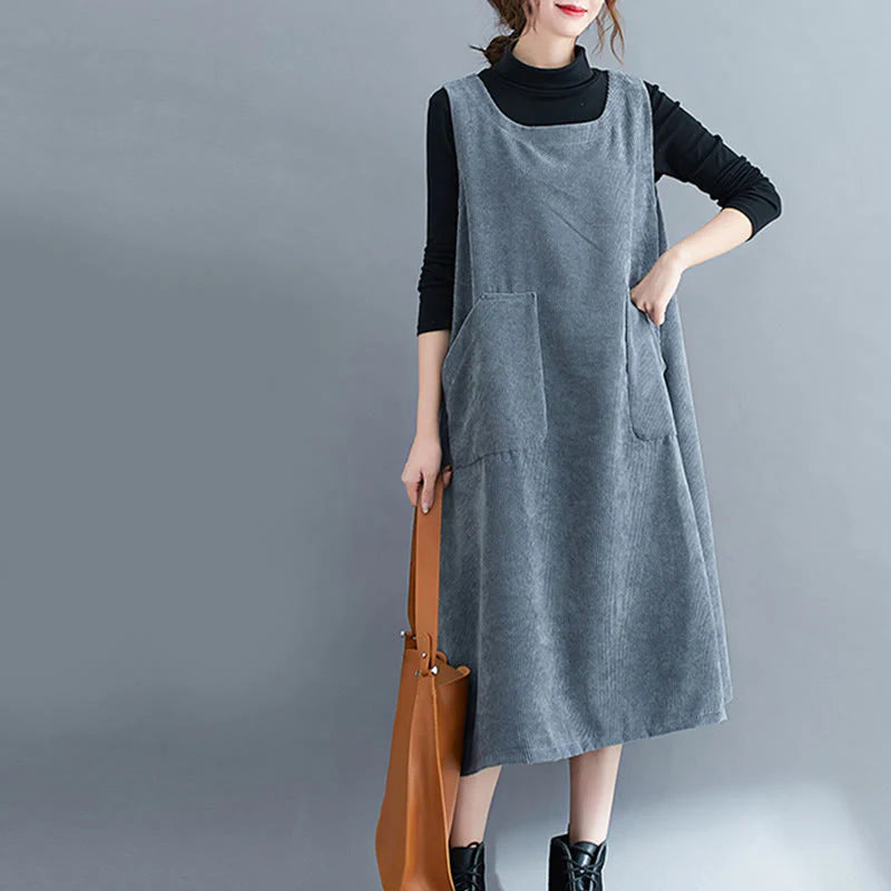 Buddha Stones Commute Crew Neck Women's Sleeveless Cotton Corduroy Midi Dress With Pockets