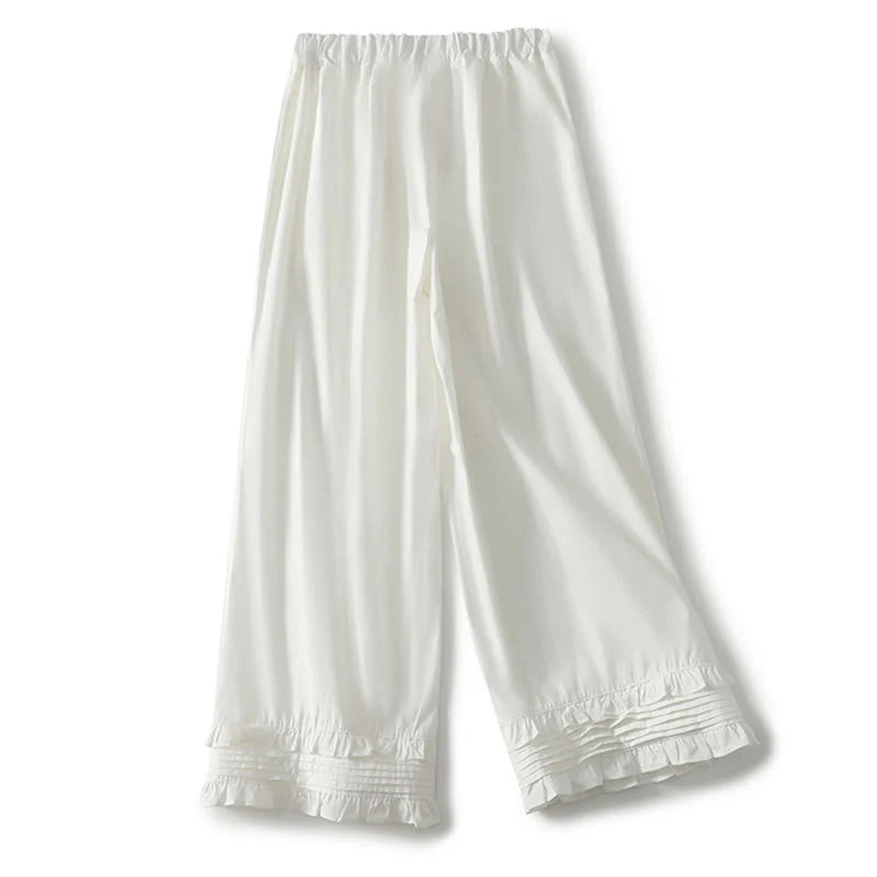 Buddha Stones Artistic Commute Pure Color Ruffled Hem Design Women's Cotton Linen Pants With Pockets