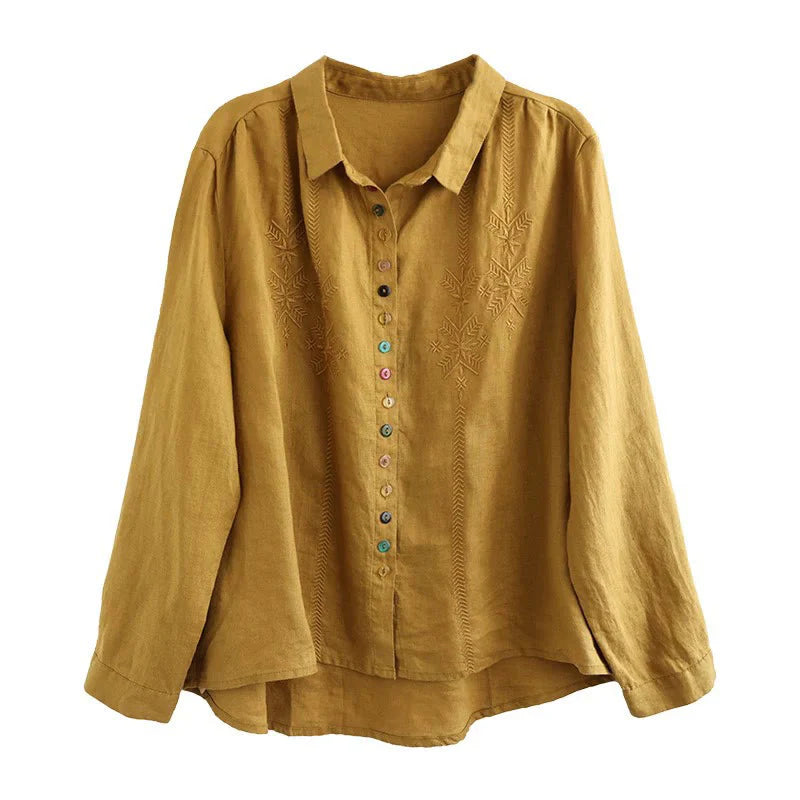 Buddha Stones Spring Embroidery Long Sleeve Colorful Button Label Cotton Linen Women's Shirt