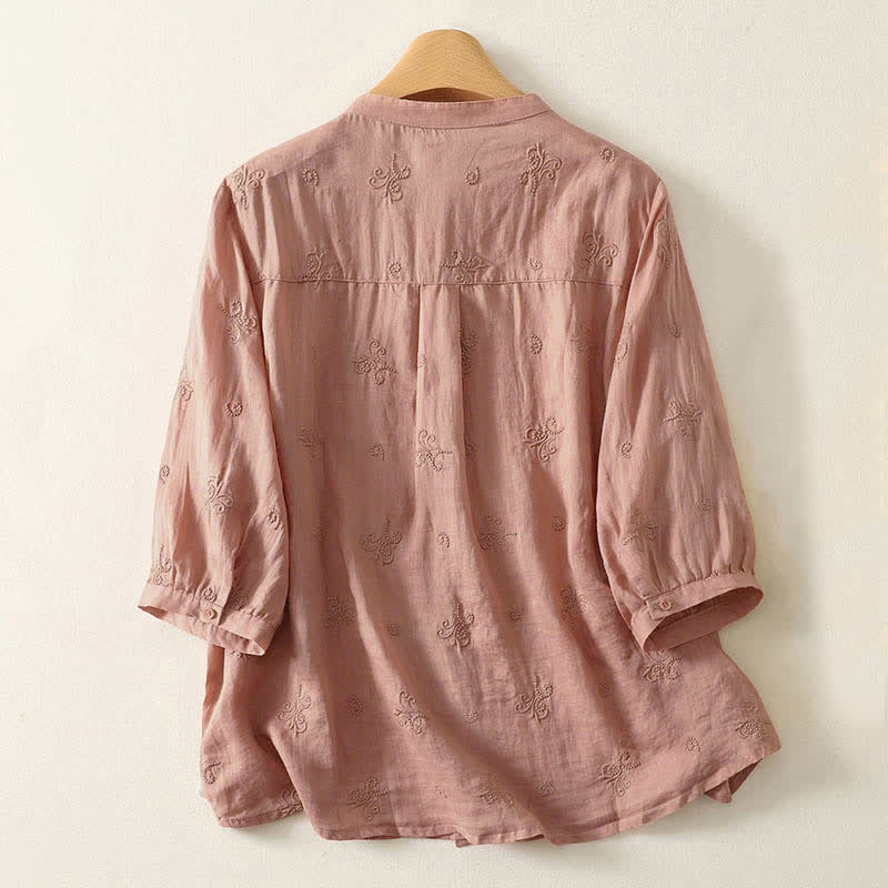 Buddha Stones Retro Embroidered Floral Short Sleeve Women's Buttons Shirt