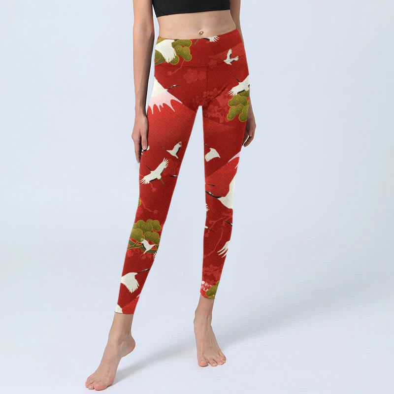 Buddha Stones Crane Mount Fuji Pine Tree Pattern Print Gym Leggings Women's Yoga Pants