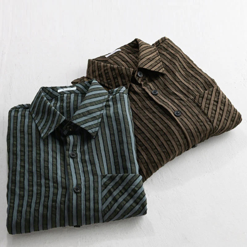 Buddha Stones Vintage Striped Buttons Down Stand Collar Long Sleeve Men's Cotton Shirt