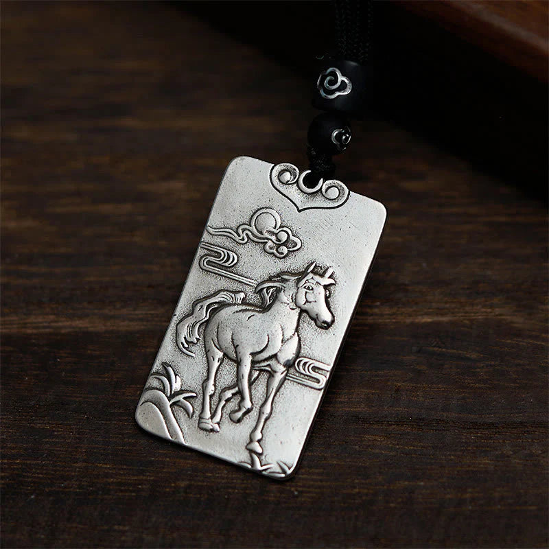 Buddha Stones Year of the Horse Chinese Zodiac Natal Buddha Copper Plated Silver Balance Necklace Pendant