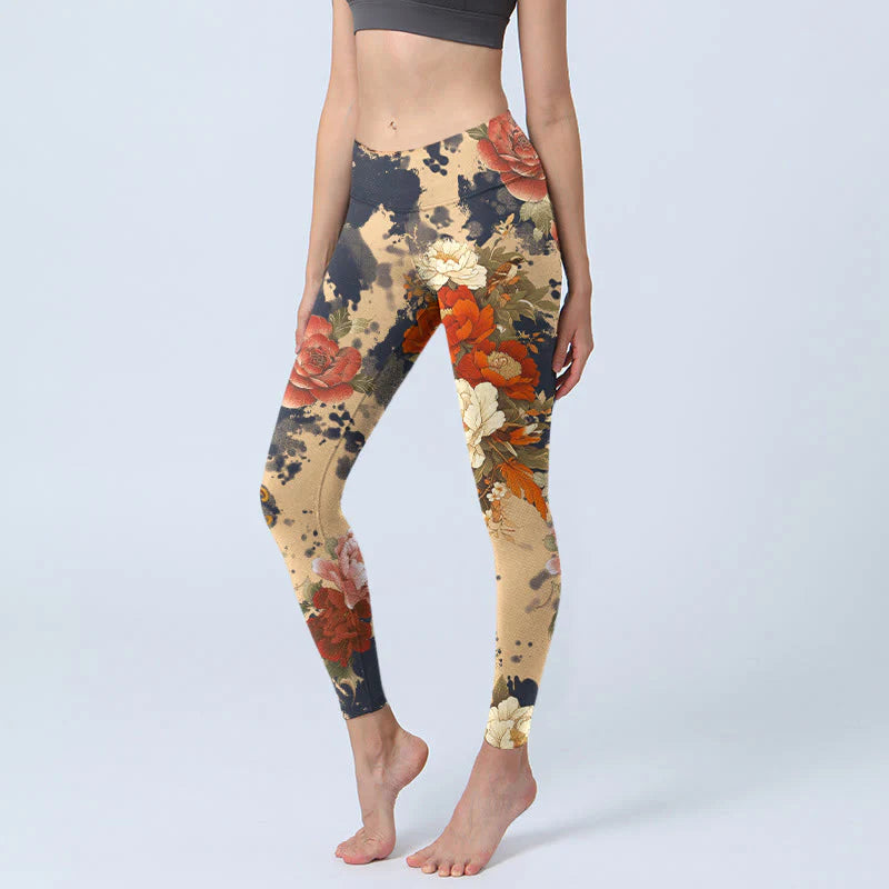 Buddha Stones Ink Painting Style Peony Chrysanthemums Pattern Print Gym Leggings Women's Yoga Pants