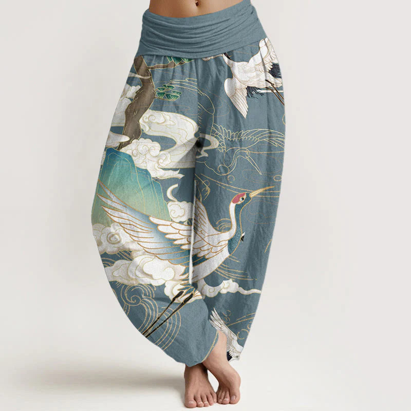 Buddha Stones Pure Cotton Flying Cranes Auspicious Clouds TreeÂ women's Elastic Waist Harem Pants