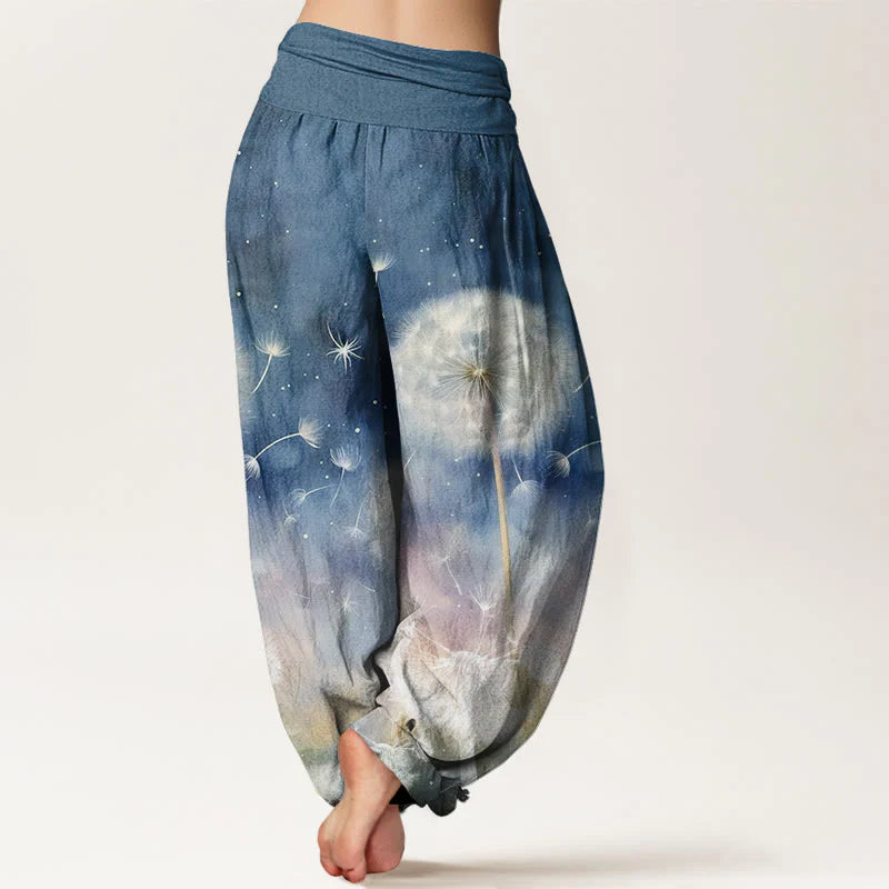 Buddha Stones Cotton Casual Dandelion Pattern Women's Elastic Waist Harem Pants