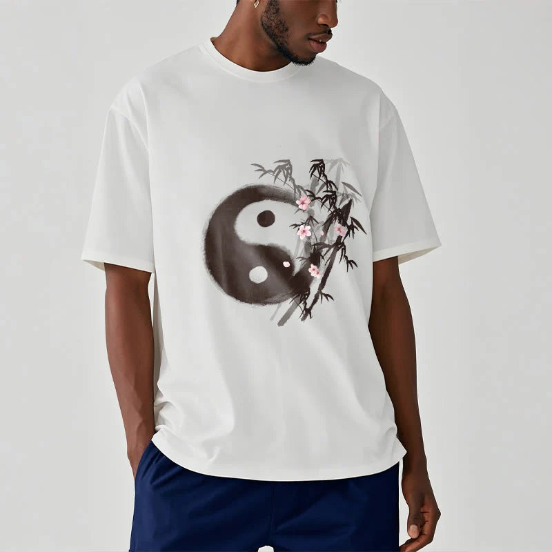 Buddha Stones Yin Yang Bamboo Cherry Blossom Pattern Tee T-shirt