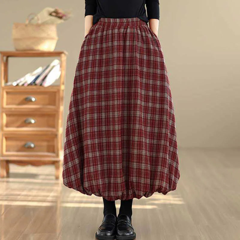 Buddha Stones Women's Plaid Pattern Cotton Skirt With Pockets