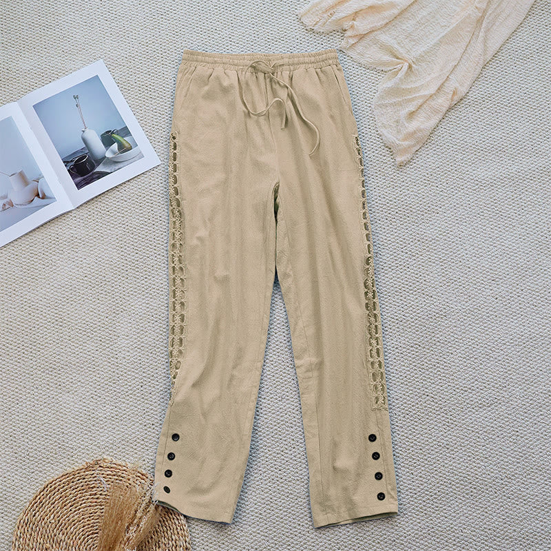 Buddha Stones Summer Plain Color Splicing Design Cotton Linen Women's Pants With Pockets