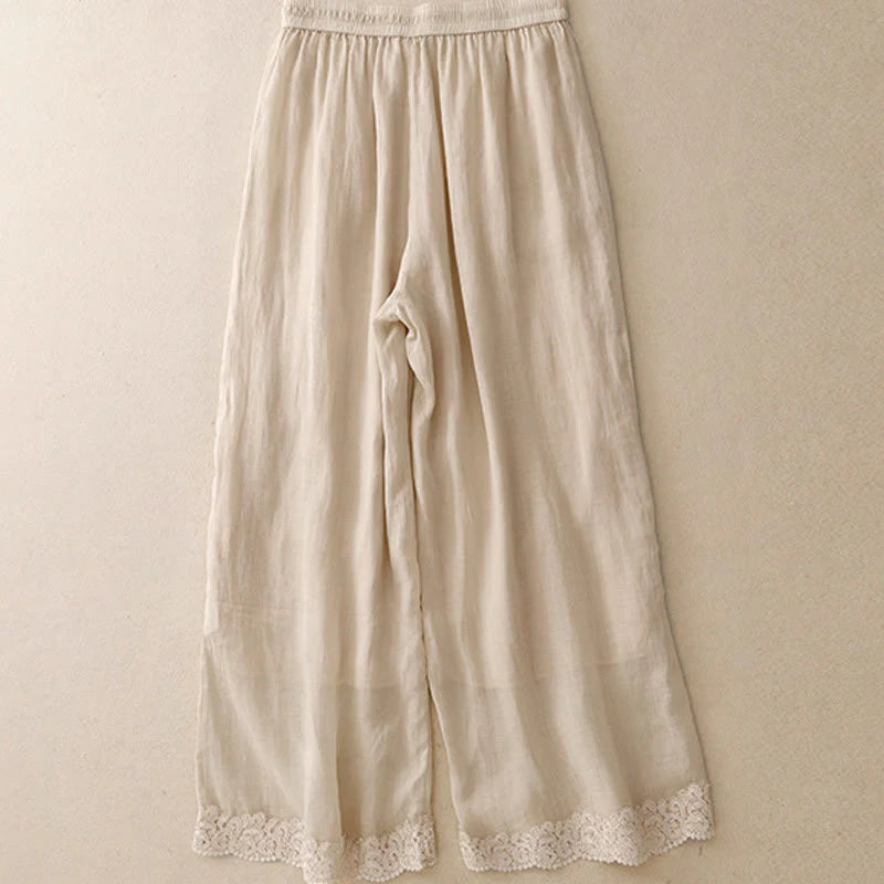 Buddha Stones Causal Vintage Plain Drawstring Lace Patchwork Design Women's Wide Leg Cotton Elastic Waistband Pants With Pockets