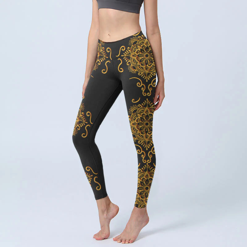Buddha Stones Golden Mandala Flowers Print Gym Leggings Women's Yoga Pants