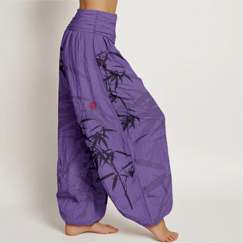 Buddha Stones Print Pure Cotton Bamboo Leaves Pattern Women's Elastic Waist Harem Pants