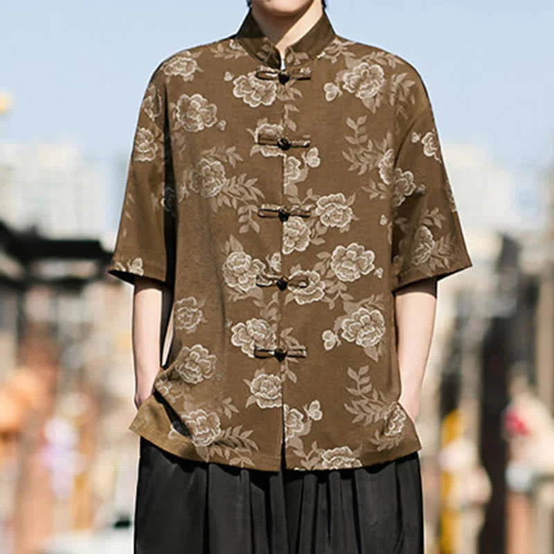 Buddha Stones Retro Frog Buttons Mandarin Collar Floral Jacquard Men's Short Sleeve Shirt