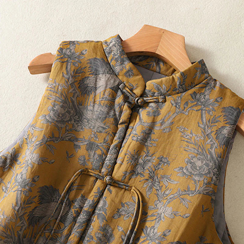 Buddha Stones Crane Flowers Branches Frog-Button Pattern Cotton Women's Sleeveless Vest Waistcoat