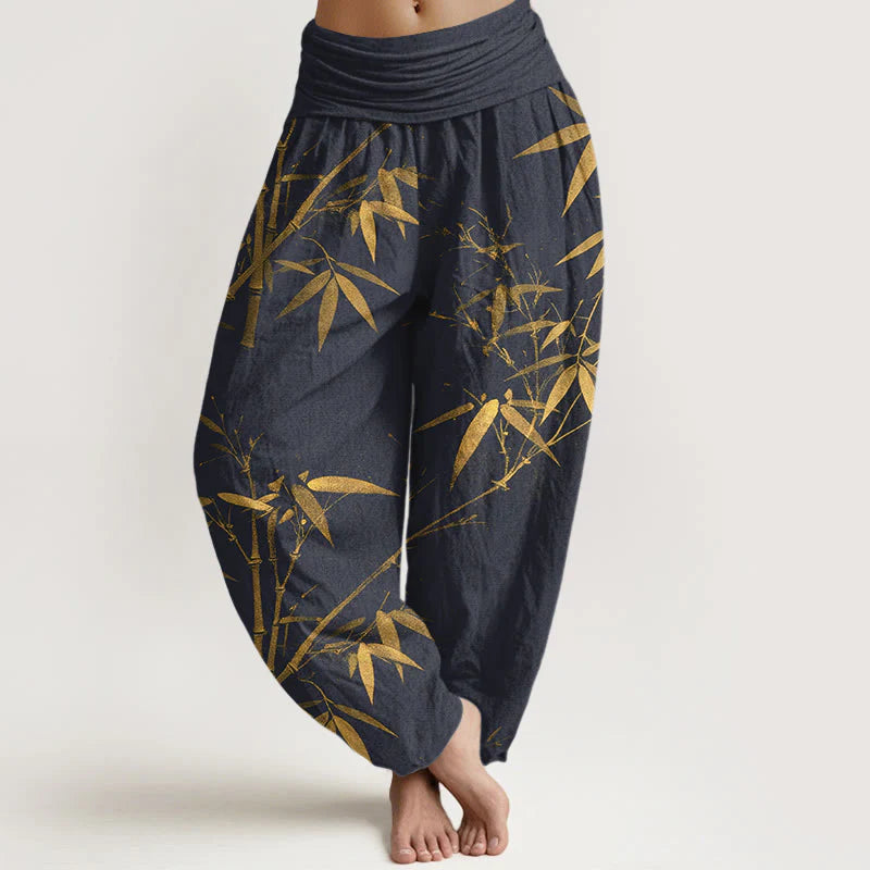 Buddha Stones Pure Cotton Classical Bamboo Pattern Women's Elastic Waist Harem Pants