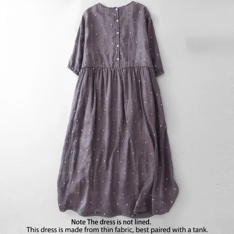 Buddha Stones Back Button Dot Pattern Half Sleeve Cotton Linen Midi Dress With Pockets