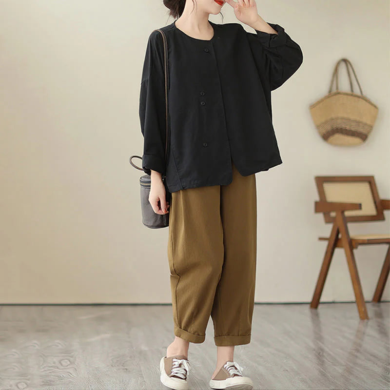 Buddha Stones Spring Plain Asymmetry Design Long Sleeve Women's Cotton Linen Jacket With Pockets