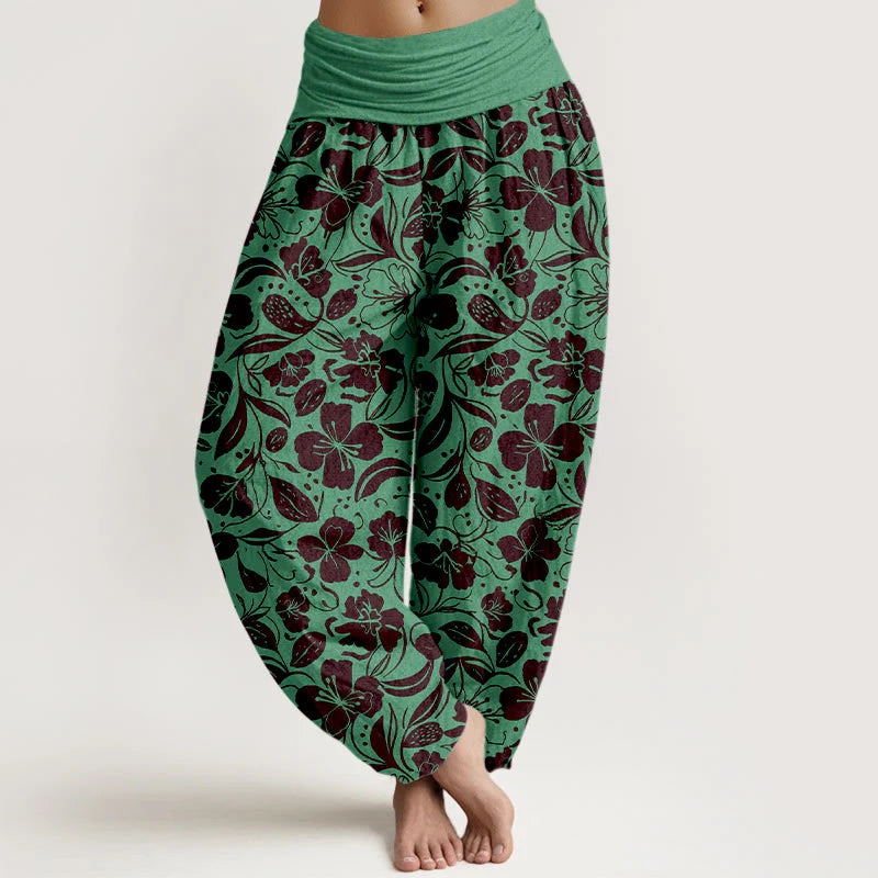 Buddha Stones Cotton Repeated Flowers Leaves Pattern Women's Elastic Waist Harem Pants