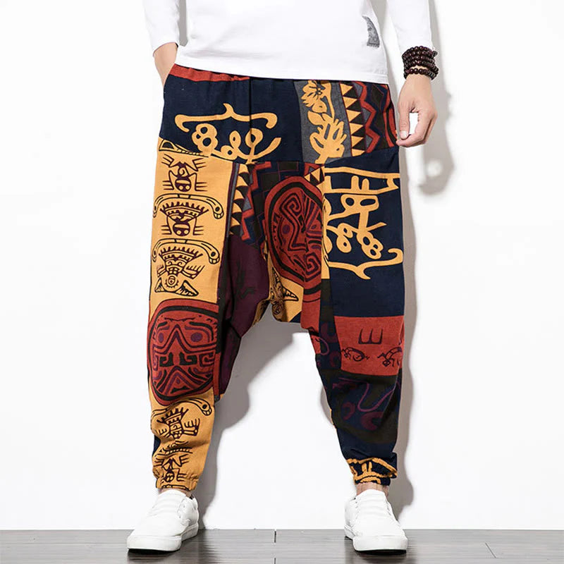 Buddha Stones Red Brown Graffiti Bird Print Men's Harem Pants With Pockets