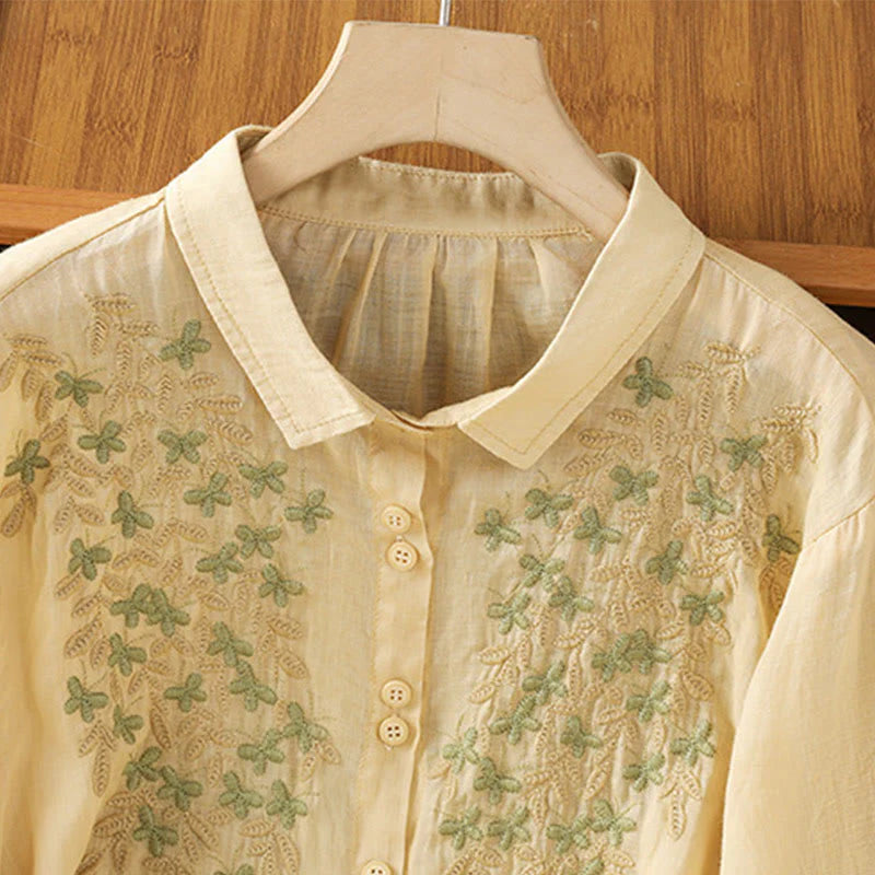 Buddha Stones Casual Plant Embroidery Stand Collar Women's Cotton Blend Three Quarter Sleeve Shirt