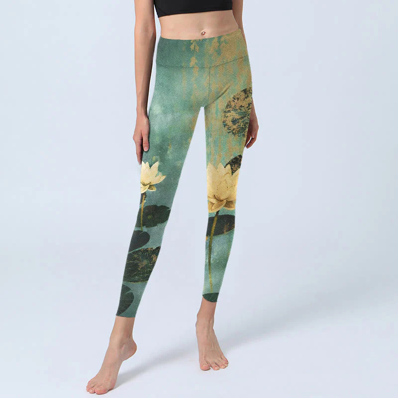 Buddha Stones Classical Lotus Flower Leaf Pattern Print Gym Leggings Women's Yoga Pants
