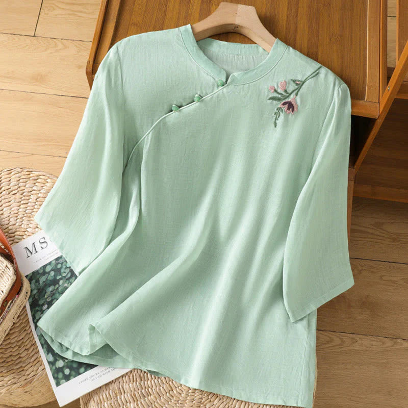 Buddha Stones Casual Women's Flowers Leaves Embroidery Pattern Frog-Button Crew Neck Design Half Sleeve Cotton Linen Shirt