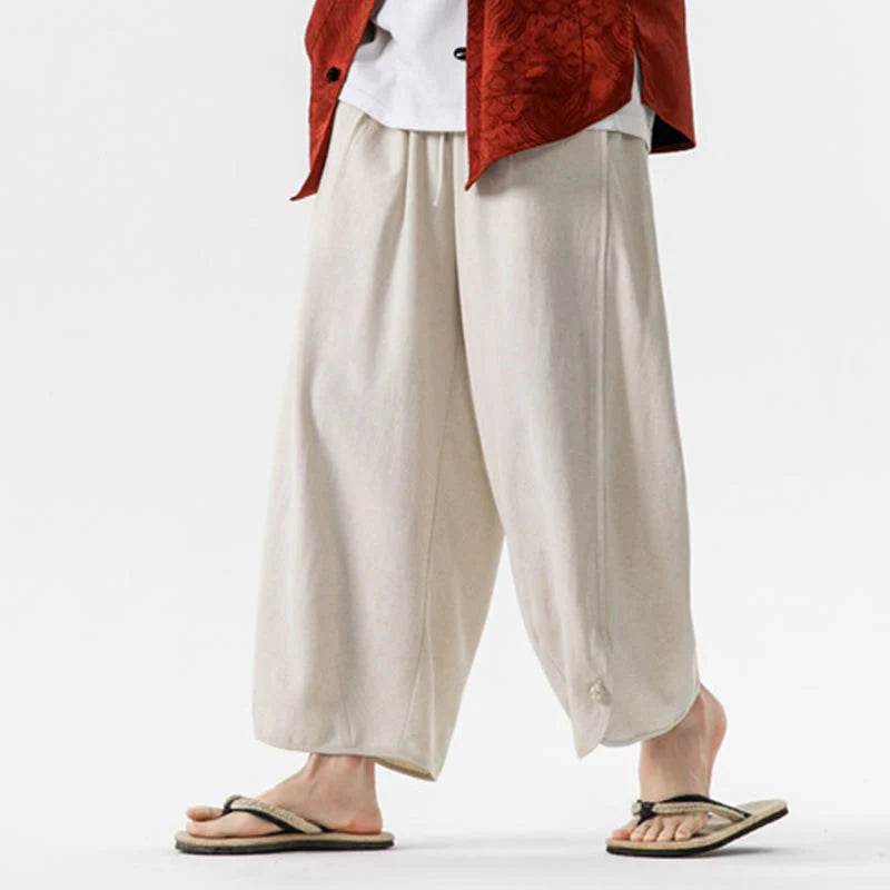 Buddha Stones Summer Plain Drawstring Design Linen Cotton Men's 7-8 Length Pants With Pockets