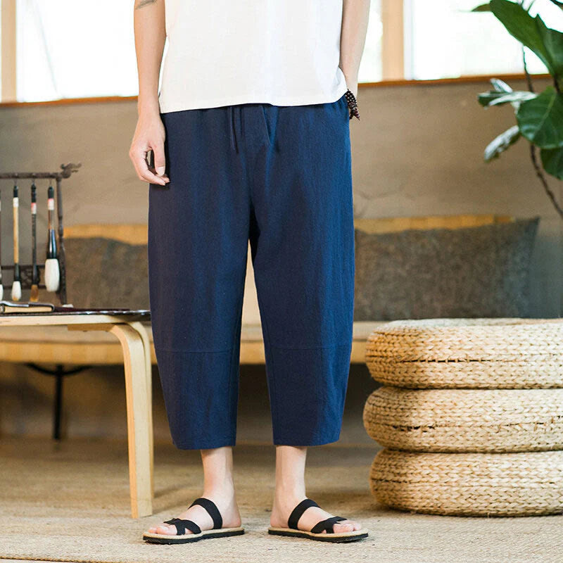 Buddha Stones Simple Design Drawstring Cotton Linen Men's Solid Color Harem Pants With Pockets