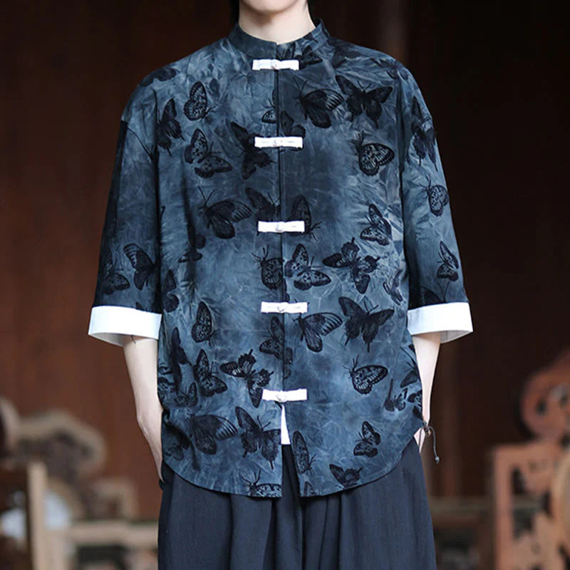Buddha Stones Jacquard Butterfly Pattern White Frog-Button Design Stand Collar Men's Three Quarter Sleeve Cotton Shirt Cardigan