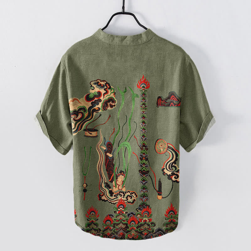 Buddha Stones Cotton Mural Cloud Pattern Men's Short Sleeve Half Button Shirt