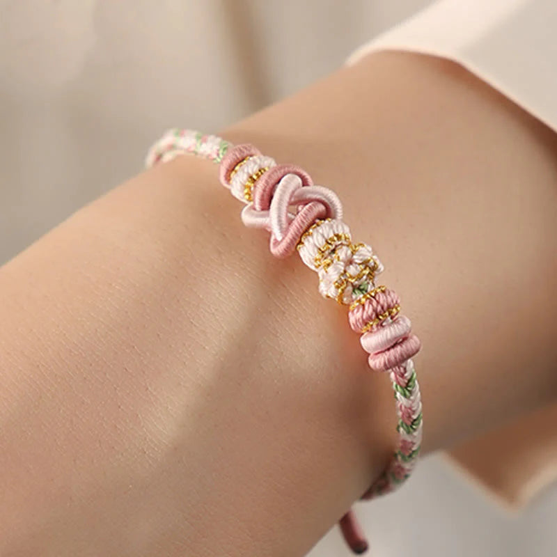 Buddha Stones Handcrafted Peach Blossom Peace Knot Colorful Rope Adjustable Bracelet