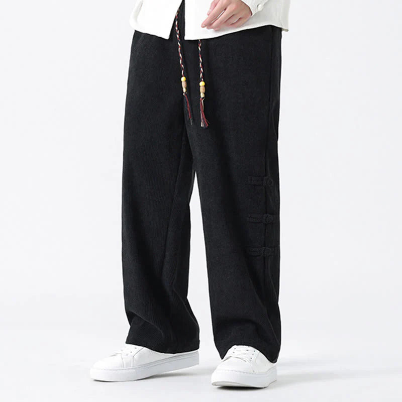 Buddha Stones Fall Solid Frog-Button Men's Drawstring Corduroy Straight Leg Pants With Pockets