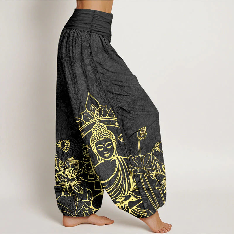 Buddha Stones Pure Cotton Classical Lotus Flower Seedpod Leaf Buddha Pattern Women's Elastic Waist Harem Pants