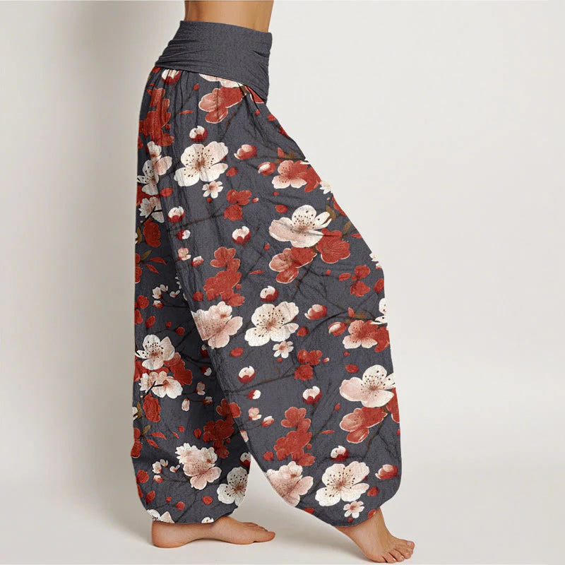 Buddha Stones Cotton Pink Red Peach Blossoms Design Women's Elastic Waist Harem Pants
