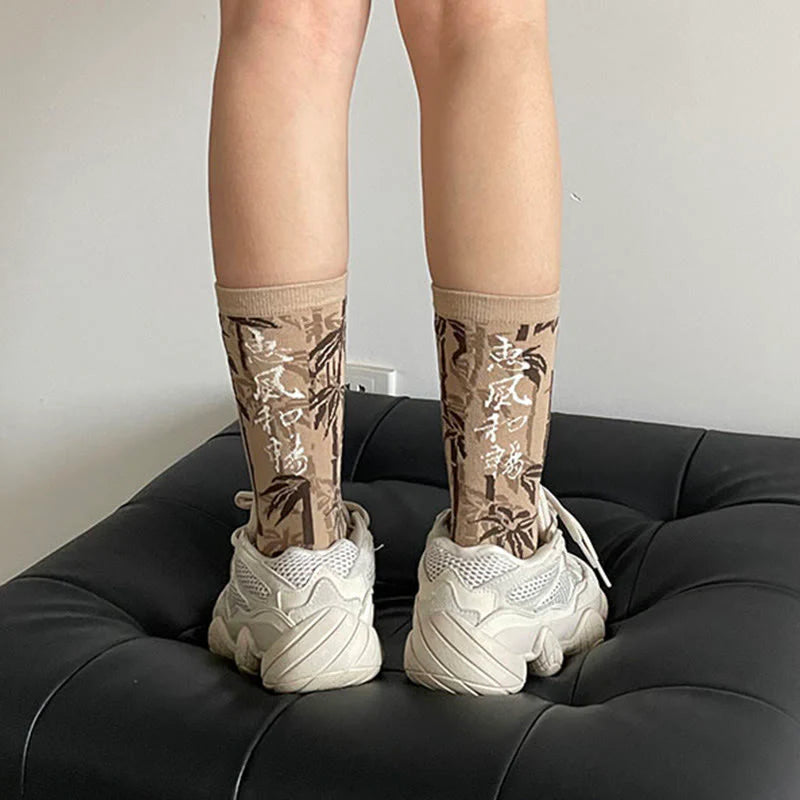Buddha Stones Chinese Calligraphy Floral Design Micro Crew Women Cotton Socks