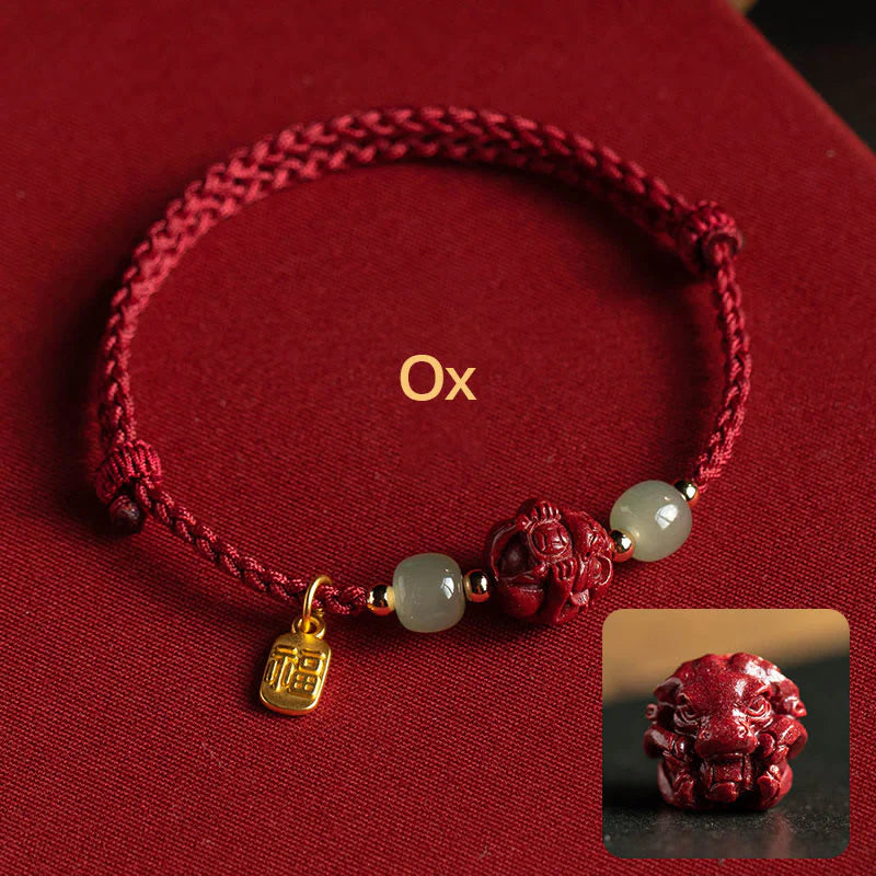 Buddha Stones Natural Cinnabar Chinese Zodiac Hetian Jade Fu Character Luck Rope Bracelet