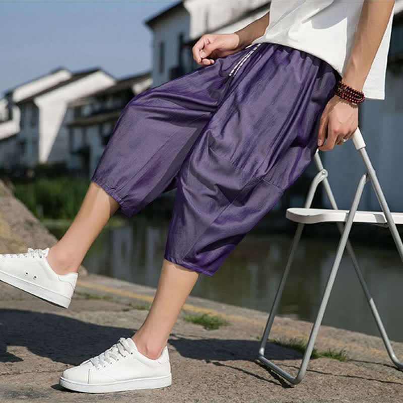 Buddha Stones Summer Elastic Waist Drawstring Solid Color Half Men's Tapered Pants With Pockets