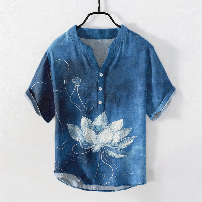 Buddha Stones Cotton Lotus Pattern Men's Short Sleeve Half Button Shirt