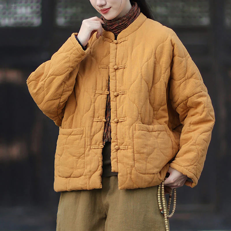 Buddha Stones Winter Curved Lines Frog-Button Ramie Cotton Long Sleeve Women's Thermal Jacket With Pockets