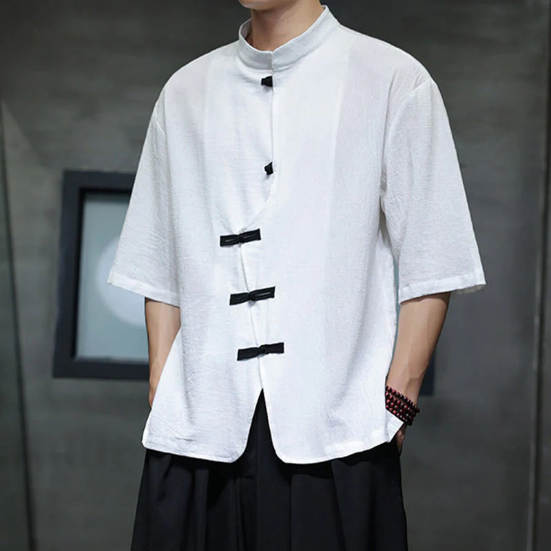 Buddha Stones Plain Chinese Frog-Button Stand Collar Cotton Linen Men's Half Sleeve Shirt