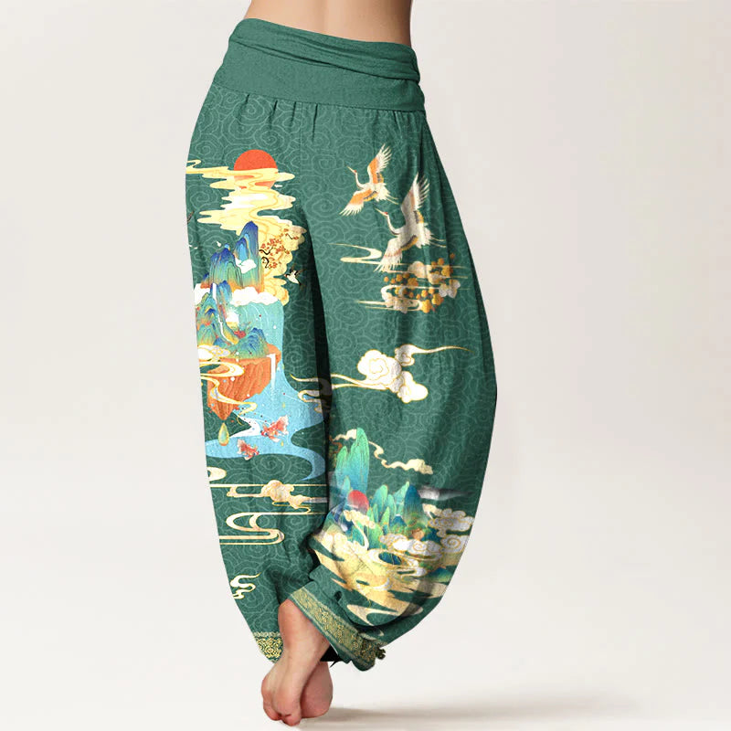 Buddha Stones Pure Cotton Landscape Cranes Clouds Pattern Women's Elastic Waist Harem Pants