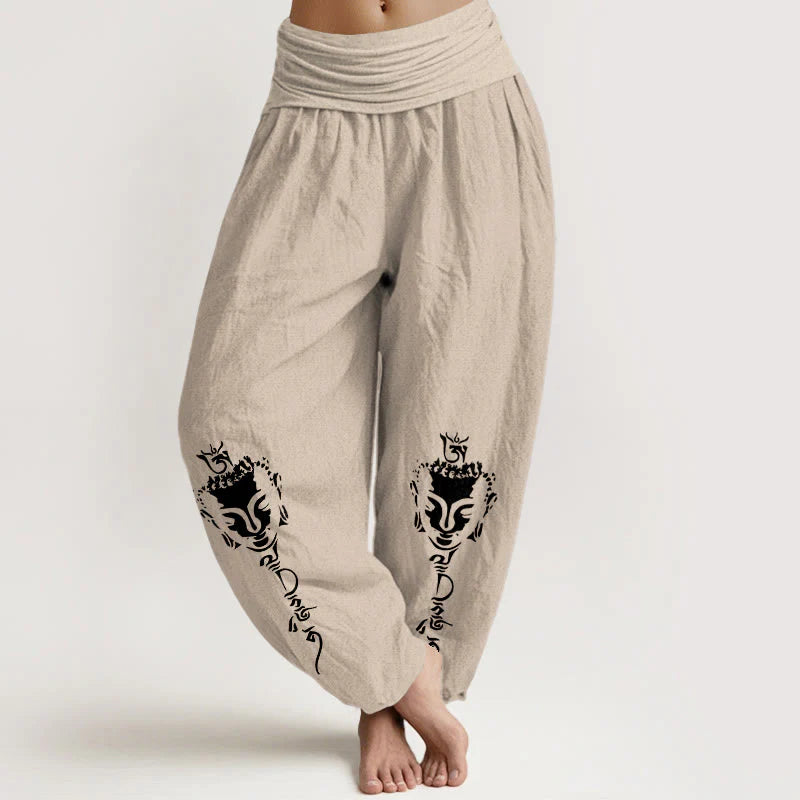 Buddha Stones Pure Cotton Concise Om Symbol Buddha Pattern Women's Elastic Waist Harem Pants