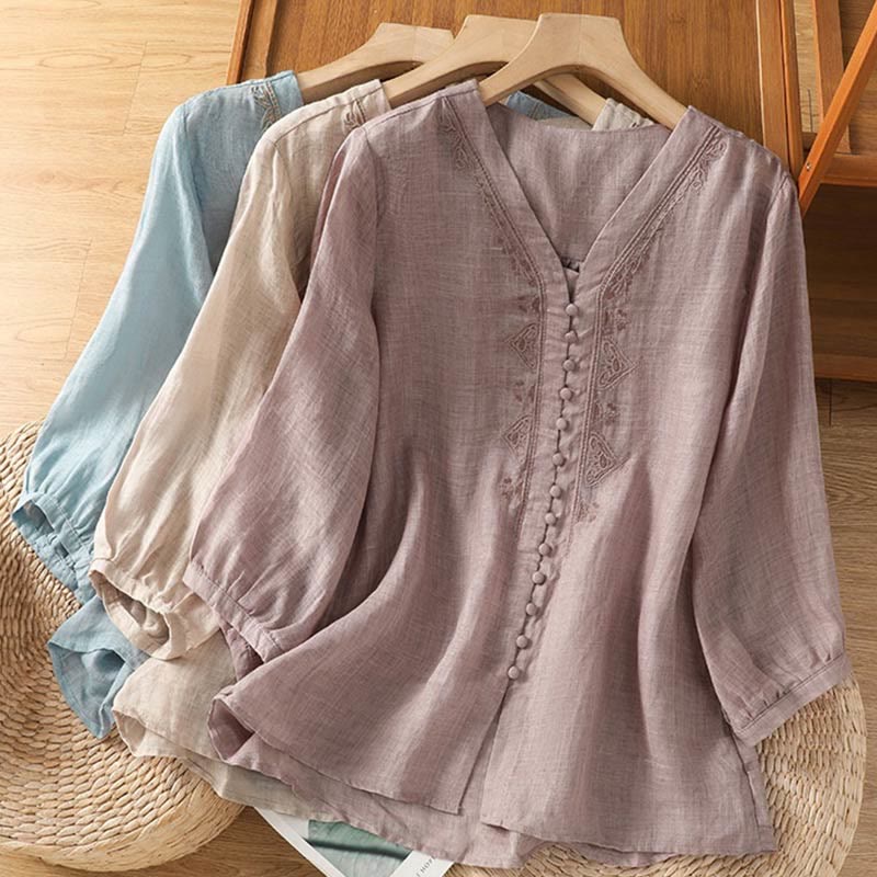 Buddha Stones Casual Embroidery Single Breasted Button Polyester Half Sleeve Women's V-neck Shirt