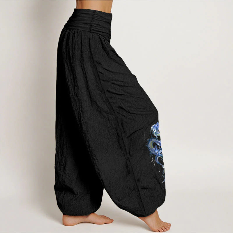 Buddha Stones Pure Cotton Striking Dragon Pattern Women's Elastic Waist Harem Pants