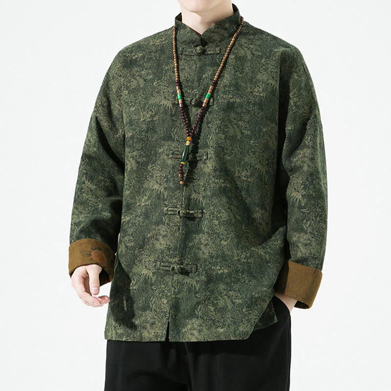 Buddha Stones Spring Printed Floral Pattern Men's Chinese Frog-button Long Sleeve Cotton Jacket