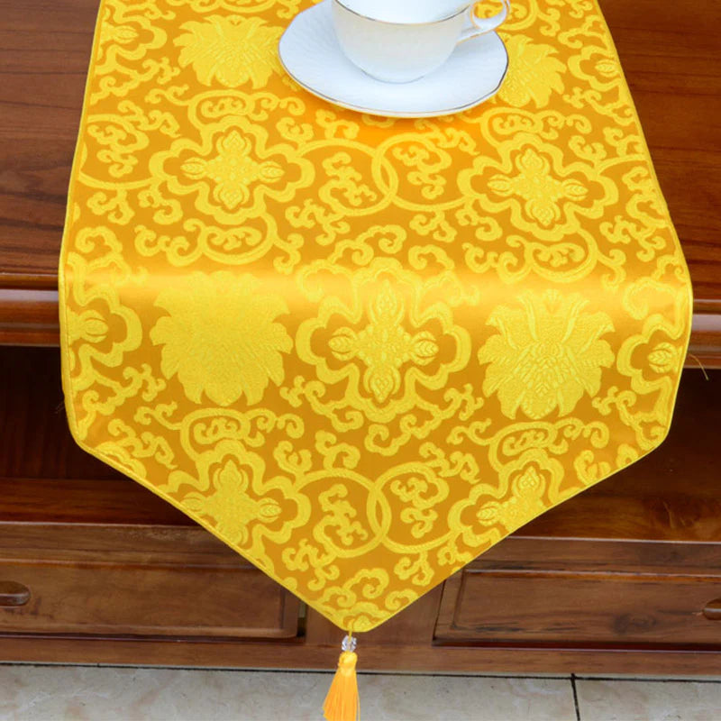 Buddha Stones Prayer Altar Flower Vajra Dragon Pattern Tibetan Auspicious Symbols Tassels Jacquard Table Runner