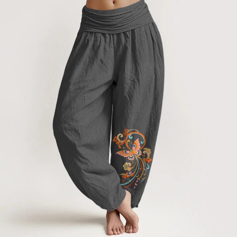 Buddha Stones Cotton Free Butterfly Auspicious Cloud Pattern Women's Elastic Waist Harem Pants
